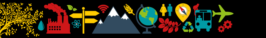 geog.123 course branding image with cartoon mountain, tree, globe, people, train, plane etc