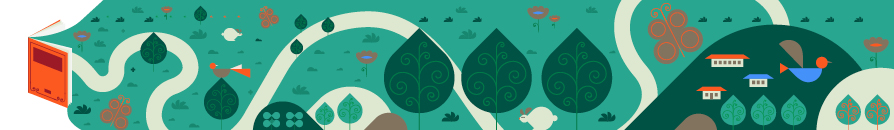 Page header graphic showing a cartoon book opening, revealing a path leading through a forest to a hill top